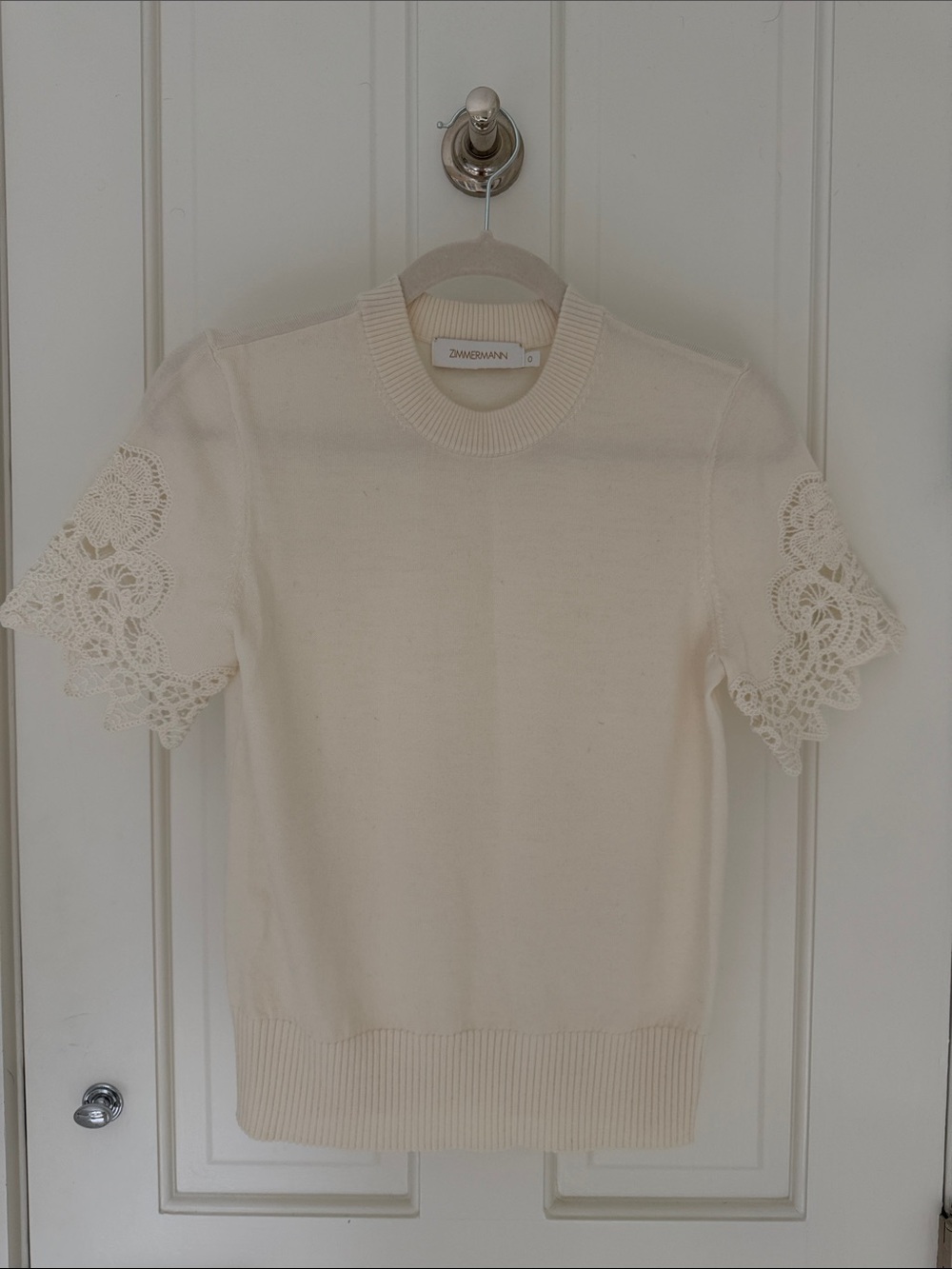 Zimmermann Ivory Short-Sleeve Crew Sweater with Lace Trim